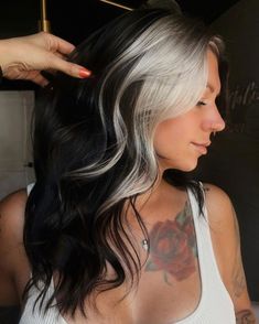 Colored Face Framing Hair, Black Hair With Silver Face Frame, Front Grey Highlights, White Front Hair Streaks, Bold Face Framing Highlights, Face Framing Grey Highlights, Face Framing Gray Highlights, White Face Frame Hair, Framing Face Highlights