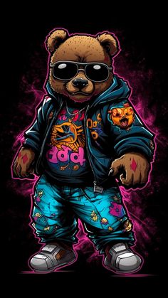 a drawing of a teddy bear with sunglasses on it's head, wearing blue jeans and a hoodie