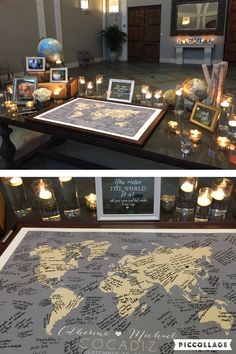 a table topped with candles and pictures covered in writing next to a large world map