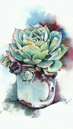 a watercolor painting of a succulent in a coffee cup