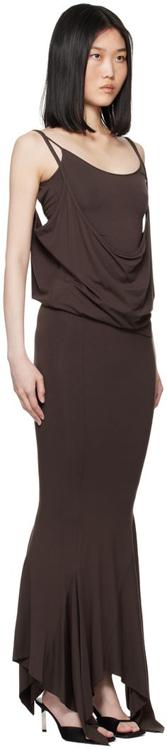 Stretch viscose jersey dress. Draping throughout. · Layered and asymmetric construction · Scoop neck · Fixed shoulder straps · Logo hardware at strap · Low back · Unlined Supplier color: Dark brown Attico Dress, Dress Draping, Sophie Bille Brahe, The Attico, Amina Muaddi, Heeled Sandals, Jersey Dress, Shoulder Straps, Apparel Accessories