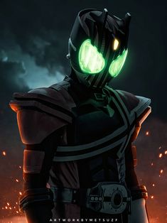 an image of a man with glowing green eyes in the dark knight suit and helmet