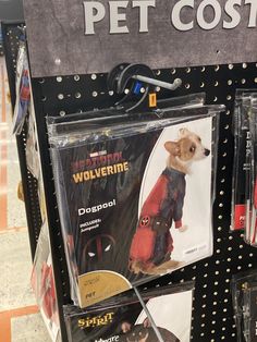 the dog is wearing a costume and standing in front of some other items on display