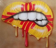 a painting of a yellow tongue with red and white stripes dripping down it's mouth