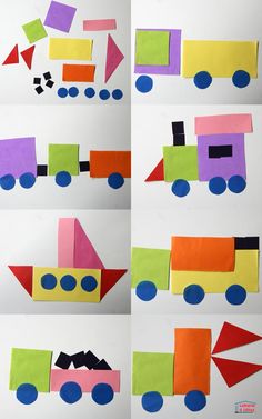 paper construction vehicles are cut out to make them look like trains