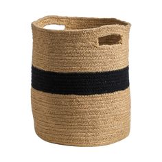 a black and tan striped basket on a white background