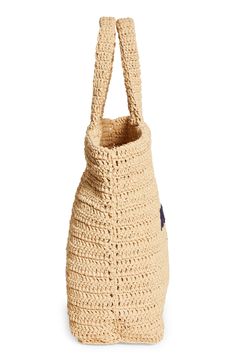 Perfect when you're toting a lot but still want to look Left Bank-chic, this spacious crochet tote features rolled leather top handles and a bold logo. 14.96"W x 13.77"H x 5.70"D Open top Top carry handles Unlined Textile Made in Italy Designer Handbags Beige Crochet Double Handle Bag With Rolled Handles, Beige Crochet Bag With Double Rolled Handles, Chic Crochet Top Handle Bag With Rolled Handles, Natural Bucket Crochet Bag With Top Handle, Chic Crochet Tote Bag With Rolled Handles, Chic Crochet Bag With Double Rolled Handles, Natural Crochet Shopping Bag With Top Carry Handle, Shopping Crochet Bag With Double Rolled Handles, Natural Crochet Bag With Rolled Handles For Shopping