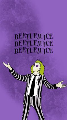 a man with his arms out in front of the words, beetlejuice betjece