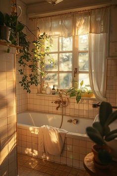 a bath tub sitting under a window next to a plant in a potted plant