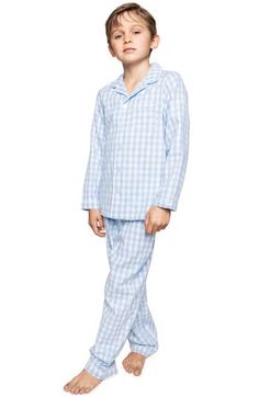 White piping trims the collared top and matching pants of classic pajamas cut in a relaxed fit from brushed gingham fabric for maximum comfort. Meets Consumer Product Safety Commission's flammability standards for children's sleepwear Top has front button closure; chest patch pocket Pants have elastic waist 50% cotton, 50% modacrylic Machine wash, tumble dry Imported Kids' Wear Light Blue Gingham, Pyjama Pants, Classic Pajamas, Plaid Pajama Pants, Collared Top, Night Before Christmas, Gingham Fabric, Plaid Pajamas, The Night Before Christmas