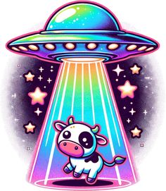 a cow flying through the sky with an alien ship in the background and stars around it