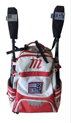 a red and white bag with two baseball bats in it