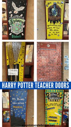 harry potter classroom door decorations with the words harry potter on them and pictures of hogwart's houses