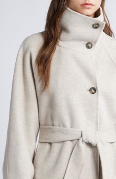 A novel collar style allows this wool-blend coat to provide two cold-weather looks on one hanger. Buttoning the collar all they way up provides neck-warming coziness, while leaving it unbuttoned serves showy shawl-collar style. Front button closure Convertible funnel neck Front welt pockets Removable sash Lined 80% wool, 20% polyamide Dry clean Imported I Fall To Pieces, Toggle Coat, Favorite Daughter, Wool Blend Coat, Loungewear Shorts, Designer Clothes For Men, Modern Outfits, A Novel, Funnel Neck