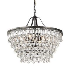 a chandelier with clear glass drops hanging from it's metal frame and black finish