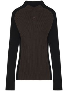 black/cedar brown ribbed knit embroidered logo to the front high neck long sleeves straight hem Brown High Neck Sweater For Work, Black High Neck Sweater With Ribbed Cuffs, Brown Stretch Top With Ribbed Cuffs, Black Ribbed Funnel Neck Sweater, Black Ribbed Turtleneck For Fall, Black Ribbed Turtleneck For Winter, Fall Black Turtleneck With Ribbed Neckline, Black Ribbed Turtleneck For Workwear, Black Ribbed High Neck Sweater