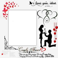 the silhouettes of two people are in front of a white background with red hearts