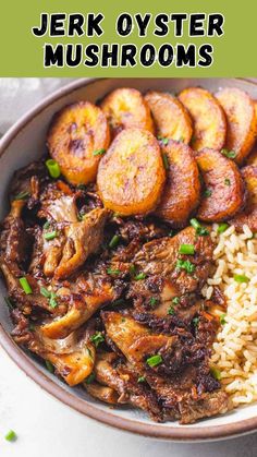 a bowl filled with meat, rice and other food on top of a white table