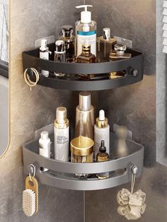 a corner shelf in the bathroom is filled with personal care items