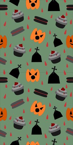 an image of halloween themed wallpaper with pumpkins and hats on it's green background