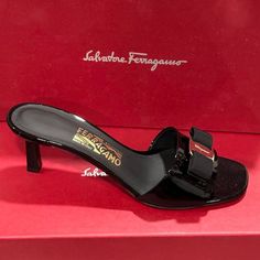 Brand: Salvatore Ferragamo Color: Black Size: Various Black Calf Leather Low Heel Heels, Black Calf Leather Low Heels, Classic Black Calf Leather Heels, Black Calf Leather Heels With Contrasting Heel Counter, Black Low Heel Heels For Galas, Designer Black Low Heel Shoes, Luxury Black Heels For Galas, Designer Black Square Toe Heels, Black Low Heel Heels With Red Sole