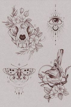 four different tattoos with flowers and animals on them, one has an owl, the other is