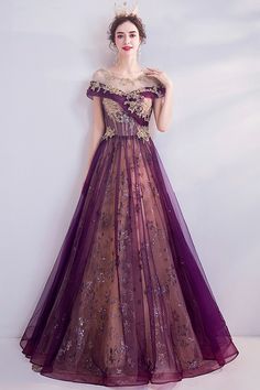 Purple Regal Gown, Magenta Fantasy Dress, Gold And Purple Prom Dress, Rainbow Prom Dresses, Lavender And Gold Dress, Dark Purple Fantasy Dress, Purple And Gold Wedding Dress, Purple Royal Dress, Purple And Gold Gown