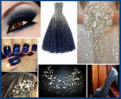 a collage of photos with blue and silver nail polishes, glitter shoes, and accessories