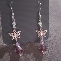 Nwt Silverstone Butterfly With Purple Dangling Beads. Homemade Nice For Daily Wear. Turquoise Drop Earrings, Spike Earrings, Sterling Silver Marcasite, Homemade Jewelry, Button Earrings, Cz Stud Earrings, Green Quartz, Handmade Ideas, Wing Earrings