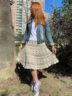 "Hi everyone 🥰 Welcome my shop.                   The vintage handmade crochet Skirt made using High Quality yarn handmade crochet skirt Length : 22\" I use Alize Diva yarn. Size 38-42 can wear. The product will be shipped as lined..  thankyou very much visit my shop." Crochet Circle Skirt, Crochet Baby Skirt, Crochet Lace Skirt, Army Green Skirt, Victorian Skirt, Skirt Pattern Free, Crochet Maxi Skirt, Skirt Crochet, Skirt Patterns