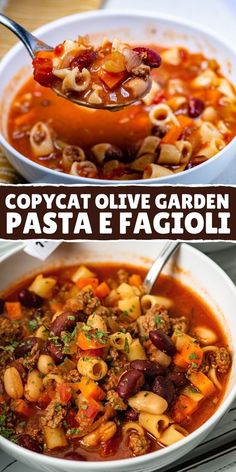 two bowls of pasta and vegetable soup with text overlay that reads copycat olive garden pasta e fagioli