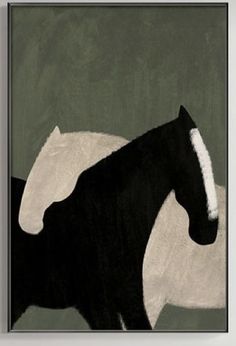 a black and white horse is standing in front of a green background with an abstract design