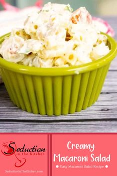 creamy macaroni salad in a green bowl on a wooden table with text overlay