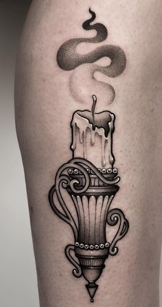 Moon In A Bottle Tattoo, Witchy Candle Tattoo, Candles Tattoo Design, Candle Stick Tattoo, Candle Lantern Tattoo, Burning Candle Tattoo, Candlestick Tattoo, Jade Tattoo, Candle Tattoo Design