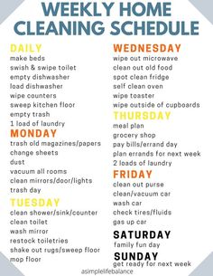 the weekly cleaning schedule for this week's clean - up is shown in blue and yellow