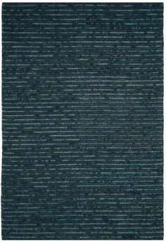 a blue rug with vertical stripes on the top and bottom, it is made out of wool