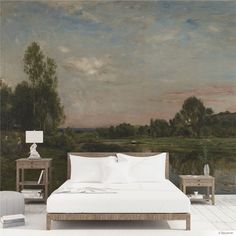 a bedroom with a painting on the wall next to a bed and two nightstands