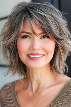 Textured Shag with Side-Swept Bangs Hairstyle for Women Over 50. Layered Hair Chin Length, Shabby Lob Haircut, Medium Haircuts For Wavy Hair Women, Second Day Short Hair, Your Wife Knows Hair, Choppy Bob Shoulder Length, Shag Thick Hair Shoulder Length, Square Face Shag Haircut, Over 60 Womens Hairstyles