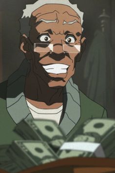 an old man with glasses and money in front of him