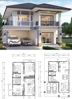 two story house plans with garage and living room on the second floor, one car parking lot