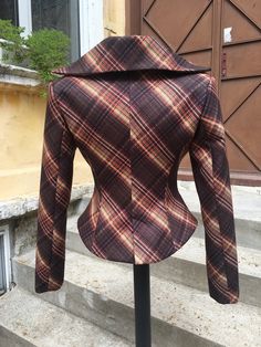 "This is a very stylish and fitted elegant plaid cashmere jacket . Leght 58cm. Fully lined. A jacket especially made to turn heads and give you that wow factor :) SIZE CHART SIZE S - US 6, UK 8, EU 36 bust: bust around 34.5\"/90cm Waist: waist around 27.5\"/70cm Hips: hips around 34.5\"/90cm For more beautiful designs, please visit and my new shop: https://www.etsy.com/shop/JustMariyaFromBG?ref=seller-platform-mcnav" Flared Jacket, Punk Jacket, Victorian Collar, Asymmetrical Coat, Cashmere Jacket, Bow Blouse, Satin Blouse, Womens Blazers, Tailored Jacket