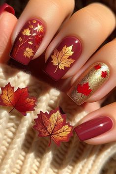 Acrylic Nails Ideas Autumn, Fall Nails For A Wedding, Cute Fall Nail Designs Acrylics, Fall Leaf Nail Art Designs, Friendsgiving Nails, Fall Nails With Leaves Acrylic, Fall Color For Nails, Autumn Toenails, Gray Fall Nails Ideas