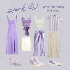 four different types of clothing and shoes are shown with the words speak now on them