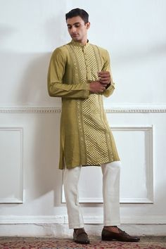 Green kurta with floral pattern hand embroidery. Comes with pyjama. - Aza Fashions Festive Cotton Bandhgala With Chikankari Embroidery, Cotton Bandhgala With Chikankari Embroidery For Navratri, Cotton Bandhgala With Cutdana For Navratri, Navratri Cotton Bandhgala, Pista Green Cotton Silk Kurta For Diwali, Wedding Cotton Bandhgala With Gota Work, Cotton Sherwani With Gota Work For Festive Occasions, Pista Green Cotton Silk Kurta For Eid, Cotton Bandhgala With Cutdana In Straight Kurta Style