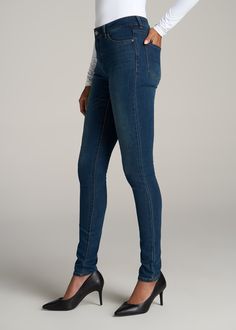 About Our Tall Jeans For Women Not a high-rise and not a low-rise, these staple skinny jeans for tall women offer a happy medium. Designed to hit just below the natural waist, our Sarah jeans are made of a comfortable fabric with an ultra-flattering silhouette. We created these tall jeans for women to be the perfect everyday pair that you can wear any day of the week, whether you’re out running errands, working in the office or meeting friends for dinner. The extended inseam of these tall skinny Versatile Dark Wash Jeans For Spring, Versatile Full Length Jeans For Fall, Dark Wash High Rise Bottoms For Everyday, Everyday Dark Wash High Rise Bottoms, Everyday High Rise Dark Wash Bottoms, Everyday Mid-rise Jeans, Versatile Denim Blue Jeans, Dark Wash High Rise Jeggings For Spring, Versatile Mid-rise Denim Blue Bottoms