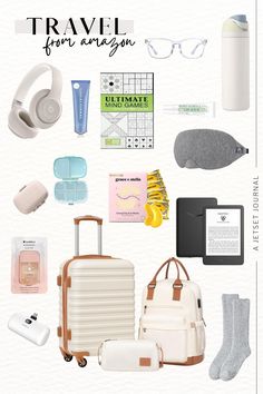 the contents of a travel bag are arranged on a white background with text that reads travel for amazon