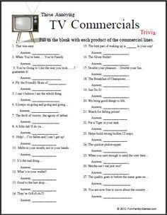 the tv commercials trivia worksheet is shown in black and white with red lettering