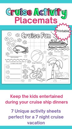 7 Printable cruise activity placemats for kids to keep them entertained during dinner in the cruise ship restaurants. Kids Travel Activities, Activity Placemat, Activity Sheets For Kids, Printable Kids, Kids Travel, Travel Games