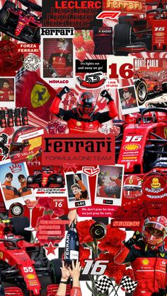 a collage of ferrari memorabilia and photos