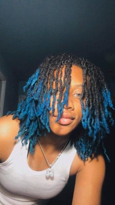 Blue Locks Hairstyle, Hair Dye Colors For Black Women Dreads, Blue Dreadlocks Men, Locs With Blue Tips, Blue Tip Locs, Loc Colors Ideas, Dyed Ends Locs, Died Dread Locks, Locs On Studs